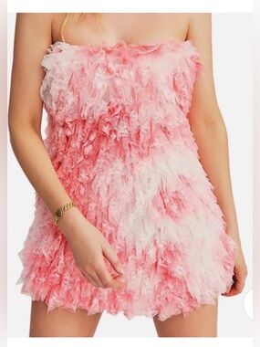 LoveShackFancy Calandre Millennial Pink and White Ruffled Strapless Dress size 2